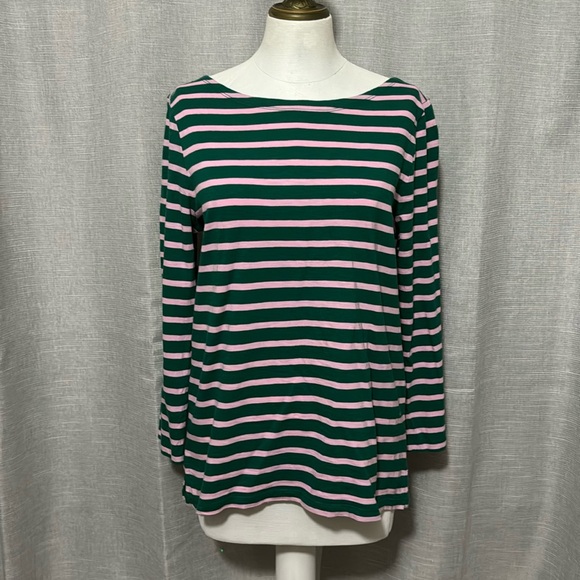 J Crew Crew Neck Shirt-3/4 Sleeve-Sz M-Cotton-Pink/Green Striped-Notched sides - Picture 2 of 13